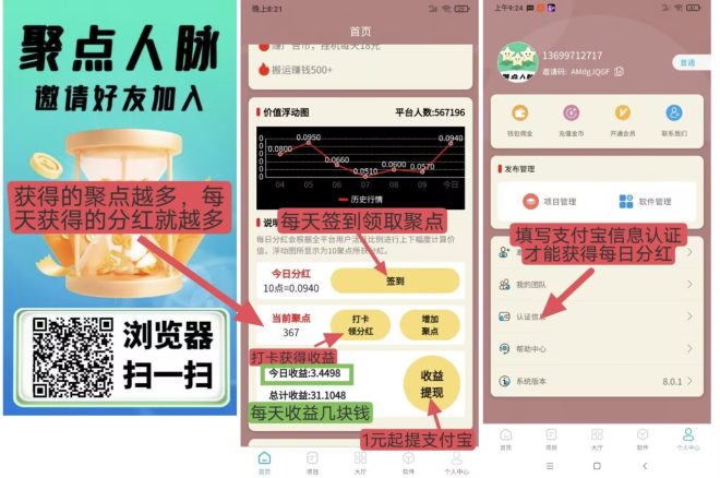 聚点人脉：签到打卡零撸日入100+，聚点领分紅，1元起提zfb，收入越来越高-首码项目网
