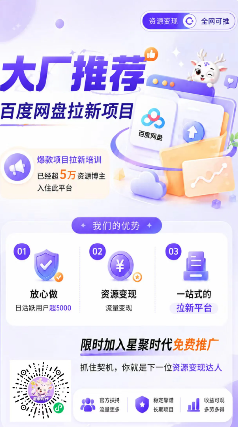 星聚时代，包含多种项目：网盘拉新，微芯小游戏看广告，应用推广，小说推文，新渠道，靠谱-首码项目网